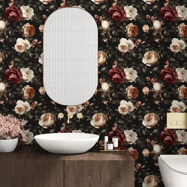 Alt view image 4 of 7 - Gothic Black Red Rose Floral Wallpaper Peel and Stick 17.5"x393" | Self Adhesive/Removable/Waterproof/Thick Vinyl Vintage Contact Paper for Bathroom Bedroom Shelf Cabinet Drawer,Prepasted
