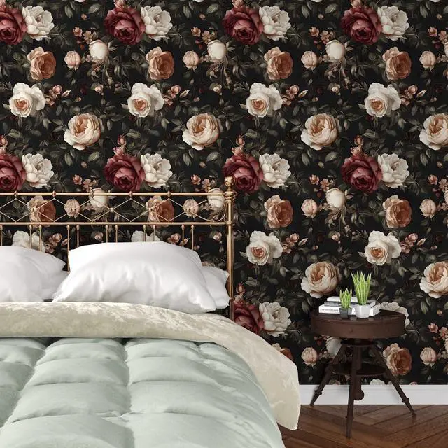 Alt view image 6 of 7 - Gothic Black Red Rose Floral Wallpaper Peel and Stick 17.5"x393" | Self Adhesive/Removable/Waterproof/Thick Vinyl Vintage Contact Paper for Bathroom Bedroom Shelf Cabinet Drawer,Prepasted