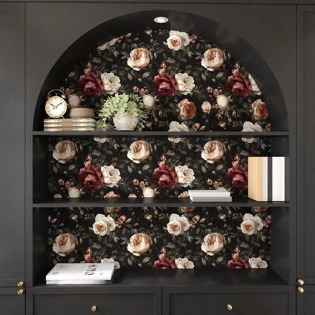 Alt view image 7 of 7 - Gothic Black Red Rose Floral Wallpaper Peel and Stick 17.5"x393" | Self Adhesive/Removable/Waterproof/Thick Vinyl Vintage Contact Paper for Bathroom Bedroom Shelf Cabinet Drawer,Prepasted