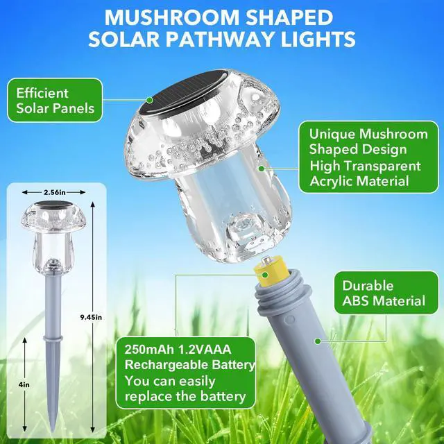Alt view image 2 of 6 - Solar Lights Outdoor, 8 Pack Mushroom Lights Outside Waterproof, Solar Powered LED Lighting for Garden, Yard, Landscape, Path, Pathway, Lawn, Walkway, Driveway, Backyard Decor (Warm White)