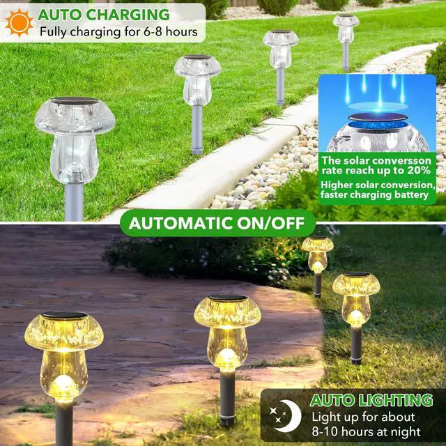 Alt view image 3 of 6 - Solar Lights Outdoor, 8 Pack Mushroom Lights Outside Waterproof, Solar Powered LED Lighting for Garden, Yard, Landscape, Path, Pathway, Lawn, Walkway, Driveway, Backyard Decor (Warm White)