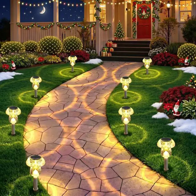 Alt view image 4 of 6 - Solar Lights Outdoor, 8 Pack Mushroom Lights Outside Waterproof, Solar Powered LED Lighting for Garden, Yard, Landscape, Path, Pathway, Lawn, Walkway, Driveway, Backyard Decor (Warm White)