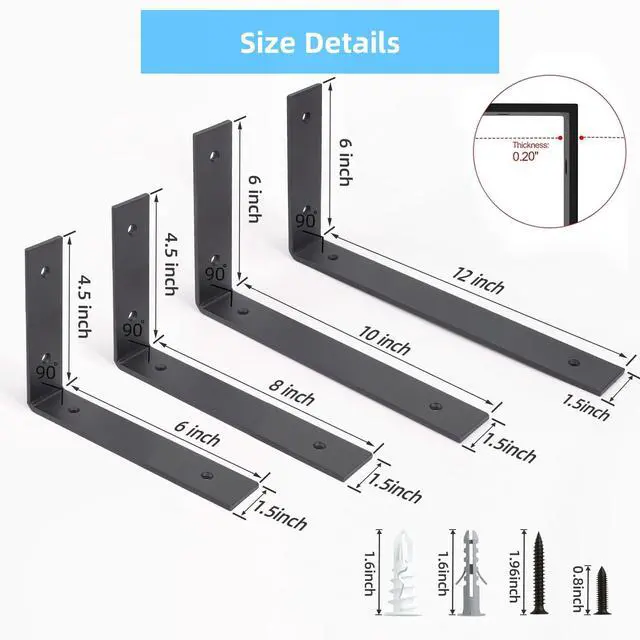 Alt view image 5 of 7 - 6-Pack Heavy Duty 12-Inch Black Shelf Brackets, L Shelf Bracket 12 Inch for Floating Shelves, 1/5-Inch Thick