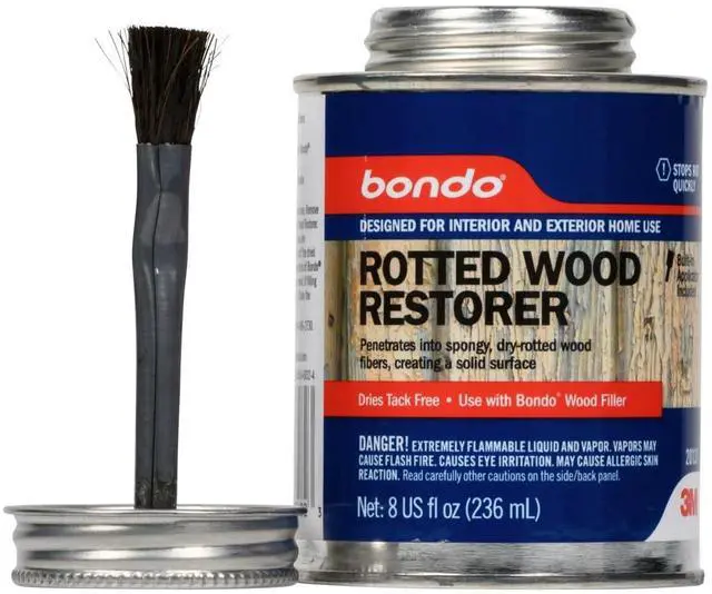 Main image of Bondo Rotted Wood Restorer, 8 fl oz., Penetrates into Spongy, Dry-rotted Wood Fibers Creating a Solid Surface, Dries clear and tack free, Water Resistant, Stainable and paintable (20131)