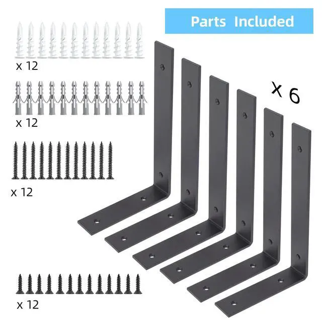 Alt view image 7 of 7 - 6-Pack Heavy Duty 12-Inch Black Shelf Brackets, L Shelf Bracket 12 Inch for Floating Shelves, 1/5-Inch Thick