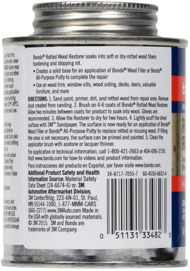 Alt view image 4 of 7 - Bondo Rotted Wood Restorer, 8 fl oz., Penetrates into Spongy, Dry-rotted Wood Fibers Creating a Solid Surface, Dries clear and tack free, Water Resistant, Stainable and paintable (20131)