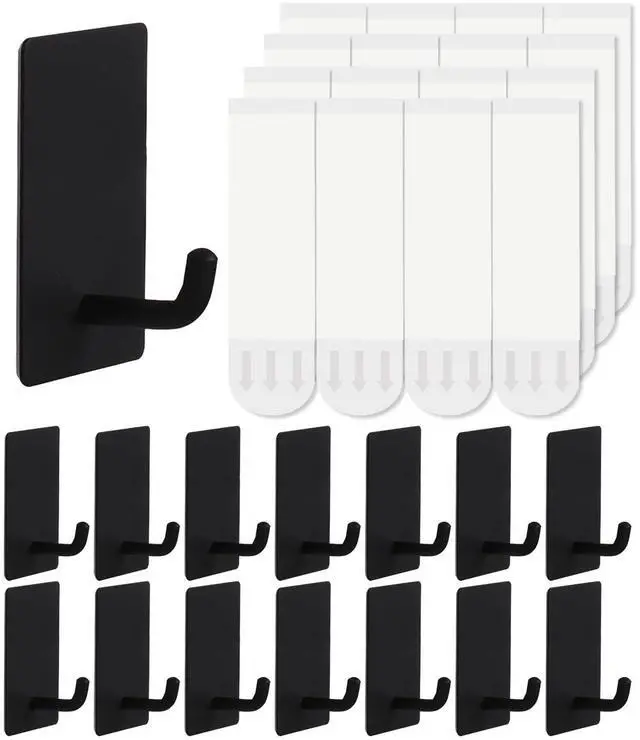 Main image of 14 Pcs Towel Hooks with Removable Strips for Hanging, Adhesive Wall Heavy Duty, Outdoor No Damage, Sticky Hook for Bathrooms, Shower, Stockings, Decor, Robe, Small, Black 304 Stainless Steel