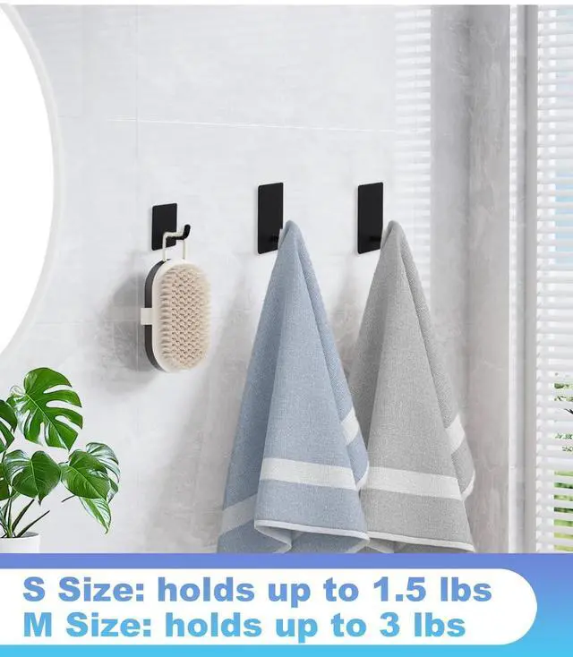 Alt view image 4 of 6 - 14 Pcs Towel Hooks with Removable Strips for Hanging, Adhesive Wall Heavy Duty, Outdoor No Damage, Sticky Hook for Bathrooms, Shower, Stockings, Decor, Robe, Small, Black 304 Stainless Steel