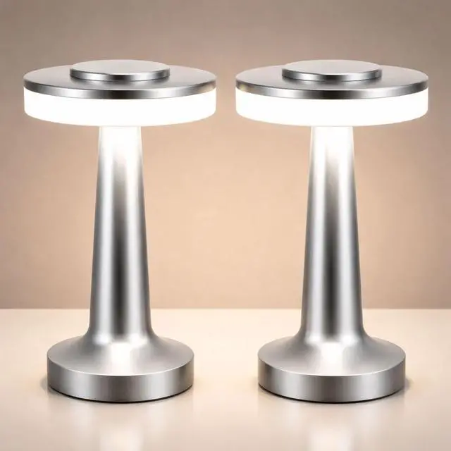 Main image of 2 Pcs Silver LED Portable Cordless Table Lamp Bulk with Touch Sensor 3 Color Stepless Dimming Rechargeable Battery up to 15 Hours Cordless Table Light Wireless Lamp Wedding Home