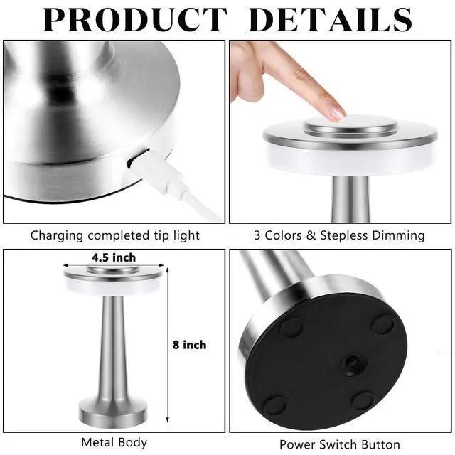 Alt view image 2 of 6 - 2 Pcs Silver LED Portable Cordless Table Lamp Bulk with Touch Sensor 3 Color Stepless Dimming Rechargeable Battery up to 15 Hours Cordless Table Light Wireless Lamp Wedding Home