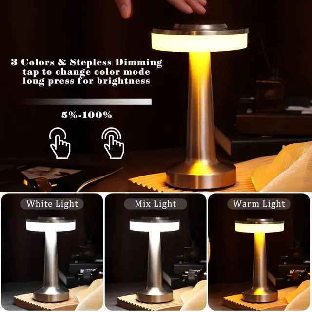 Alt view image 4 of 6 - 2 Pcs Silver LED Portable Cordless Table Lamp Bulk with Touch Sensor 3 Color Stepless Dimming Rechargeable Battery up to 15 Hours Cordless Table Light Wireless Lamp Wedding Home