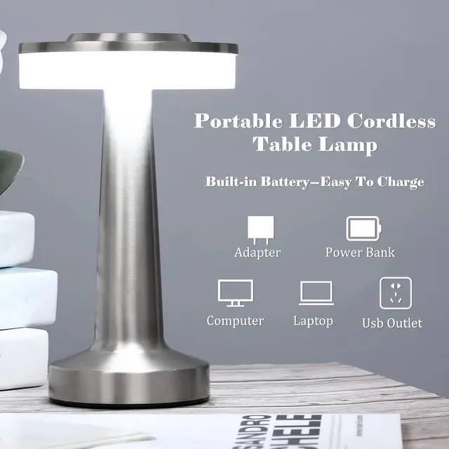 Alt view image 3 of 6 - 2 Pcs Silver LED Portable Cordless Table Lamp Bulk with Touch Sensor 3 Color Stepless Dimming Rechargeable Battery up to 15 Hours Cordless Table Light Wireless Lamp Wedding Home