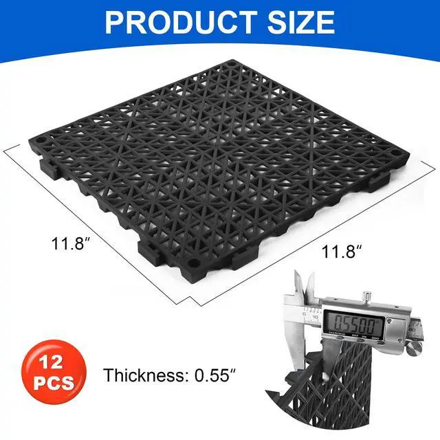Alt view image 2 of 7 - Modular Interlocking Cushion 12 Pack 11.8" x 11.8" Rubber Floor Tiles Non-Slip Splicing Drainage Mats for Deck, Pool, Outdoor Shower, Patio, Balcony, Indoor Bathroom, Kitchen, Yard (Black)