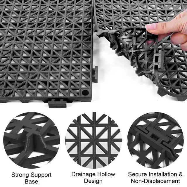 Alt view image 4 of 7 - Modular Interlocking Cushion 12 Pack 11.8" x 11.8" Rubber Floor Tiles Non-Slip Splicing Drainage Mats for Deck, Pool, Outdoor Shower, Patio, Balcony, Indoor Bathroom, Kitchen, Yard (Black)