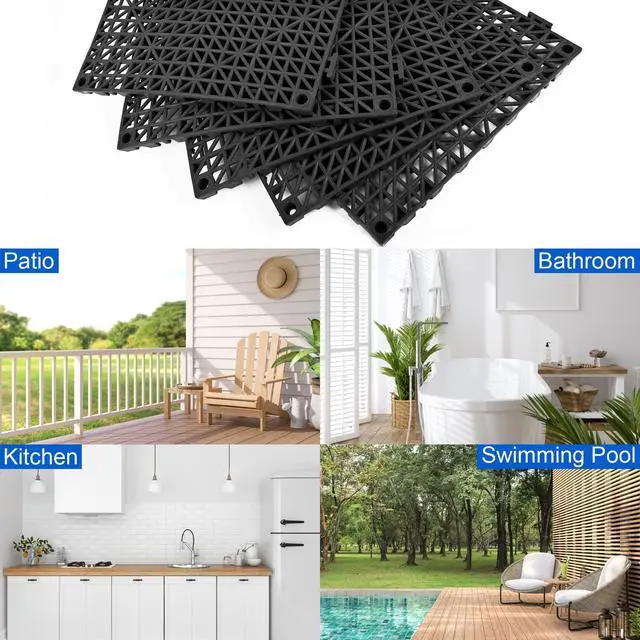 Alt view image 7 of 7 - Modular Interlocking Cushion 12 Pack 11.8" x 11.8" Rubber Floor Tiles Non-Slip Splicing Drainage Mats for Deck, Pool, Outdoor Shower, Patio, Balcony, Indoor Bathroom, Kitchen, Yard (Black)