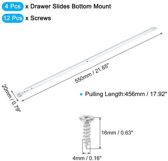 Alt view image 2 of 7 - 1 Pair Drawer Slides, 22 Inch Drawer Slide Heavy Duty Side Bottom Mount Drawer Glides Replacement for Cabinet Dresser Drawers