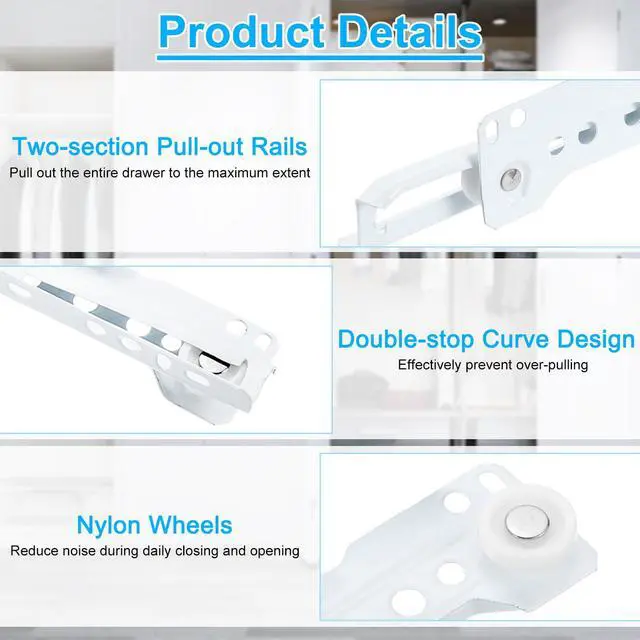 Alt view image 3 of 7 - 1 Pair Drawer Slides, 22 Inch Drawer Slide Heavy Duty Side Bottom Mount Drawer Glides Replacement for Cabinet Dresser Drawers