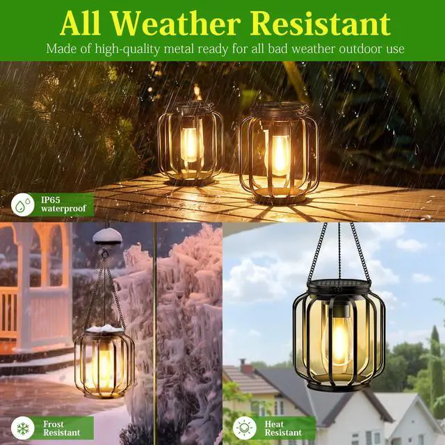 Alt view image 6 of 7 - Solar Hanging Lanterns Outdoor: 2 Pack Metal Solar Hanging Lights with Hook, Bright - Warm Waterproof LED Lanterns for Outside, Classic Decorative Solar-Powered Light for Yard Garden Patio Porch Decor