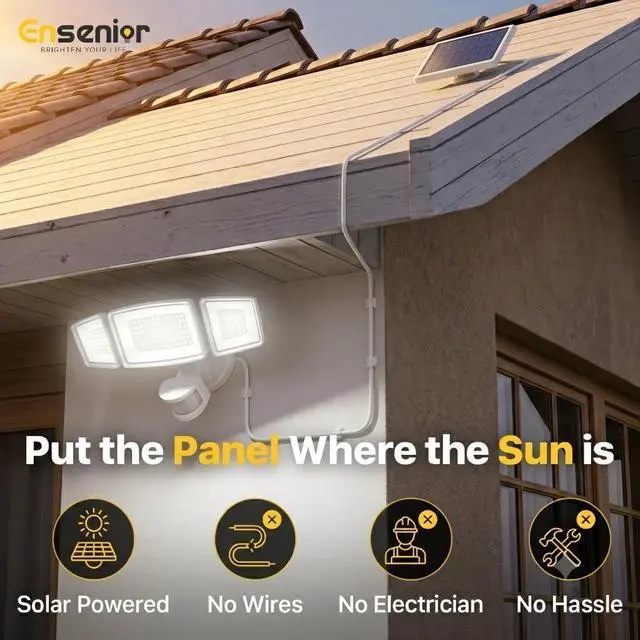 Alt view image 4 of 7 - 5 Motion Sensor Modes Solar Security Light, 1800LM 270° Wide Angle 3 Heads LED Flood Lights, IP65 Waterproof Wall Lights, Separate Solar Panel Remote Control Solar Lights Outdoor