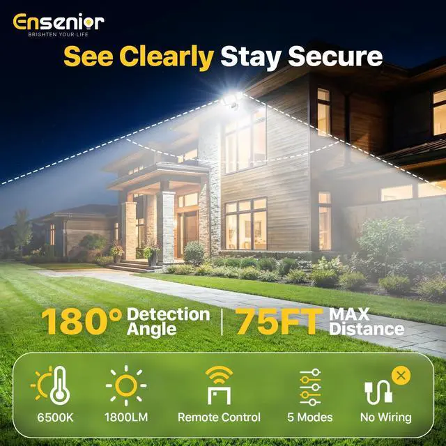Alt view image 3 of 7 - 5 Motion Sensor Modes Solar Security Light, 1800LM 270° Wide Angle 3 Heads LED Flood Lights, IP65 Waterproof Wall Lights, Separate Solar Panel Remote Control Solar Lights Outdoor