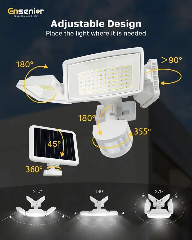 Alt view image 7 of 7 - 5 Motion Sensor Modes Solar Security Light, 1800LM 270° Wide Angle 3 Heads LED Flood Lights, IP65 Waterproof Wall Lights, Separate Solar Panel Remote Control Solar Lights Outdoor