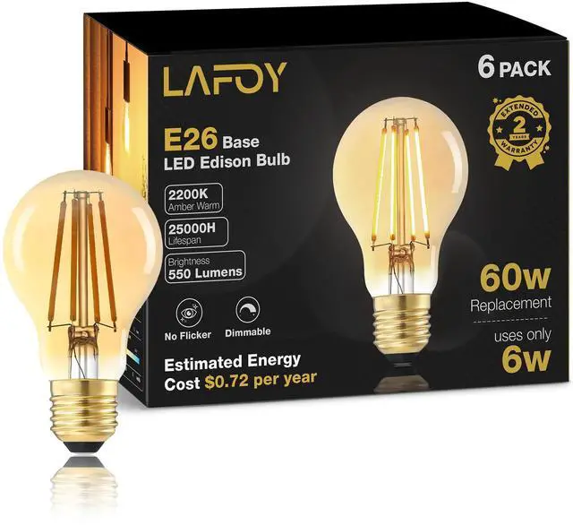 Main image of A19 E26 Amber Light Bulbs 2200K Soft Warm, Vintage LED Edison Bulbs 60 Watt Equivalent, Dimmable Antique Old-Fashioned Style 60W Replacement, 550 Lumen Medium Base Lightbulbs, 120V 6 Pack