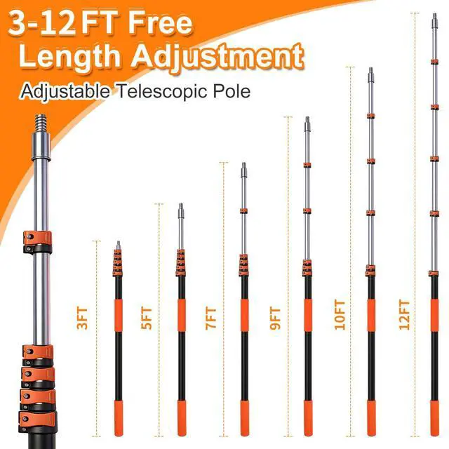 Alt view image 3 of 7 - 3-12FT Telescopic Extension Pole, Flip-Lock & Screw Dual Locking Extendable Pole, Multi-Purpose Paint Roller Extension Pole for Painting & Cleaning