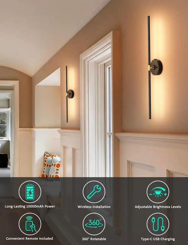 Alt view image 3 of 7 - Wall Sconces Battery Operated Set of 2, 10000mAh Rechargeable Wall Lights | Wireless, Remote Control, 3000K-6000K, 360° Rotation, Modern Home Decor for Living Room, Bedroom, Picture Lighting, Black