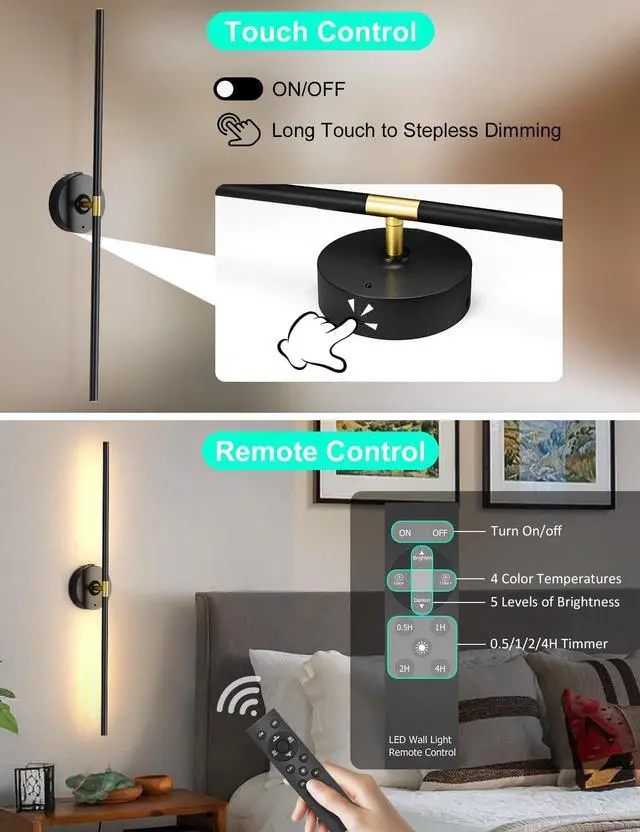 Alt view image 4 of 7 - Wall Sconces Battery Operated Set of 2, 10000mAh Rechargeable Wall Lights | Wireless, Remote Control, 3000K-6000K, 360° Rotation, Modern Home Decor for Living Room, Bedroom, Picture Lighting, Black