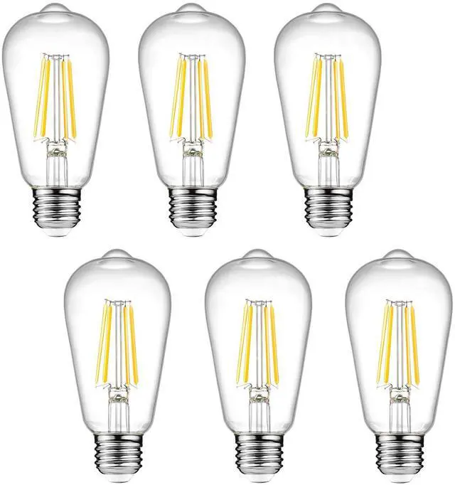 Main image of Dimmable Vintage LED Edison Bulbs, 6W, Equivalent 60W, 700lm, Warm White 2700K, 80+ CRI, ST58 Antique LED Filament Bulbs, E26 Medium Base, Clear Glass, Pack of 6