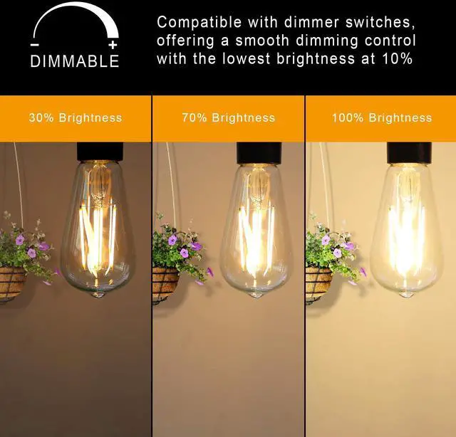 Alt view image 3 of 7 - Dimmable Vintage LED Edison Bulbs, 6W, Equivalent 60W, 700lm, Warm White 2700K, 80+ CRI, ST58 Antique LED Filament Bulbs, E26 Medium Base, Clear Glass, Pack of 6