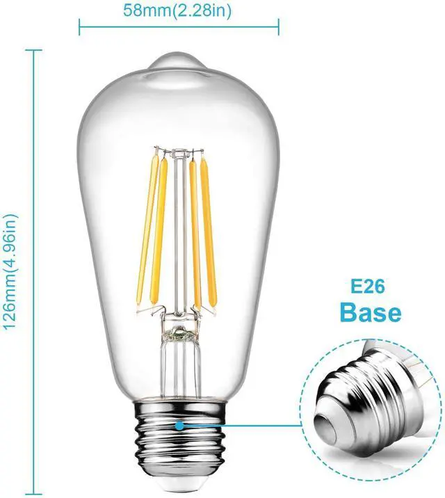 Alt view image 2 of 7 - Dimmable Vintage LED Edison Bulbs, 6W, Equivalent 60W, 700lm, Warm White 2700K, 80+ CRI, ST58 Antique LED Filament Bulbs, E26 Medium Base, Clear Glass, Pack of 6