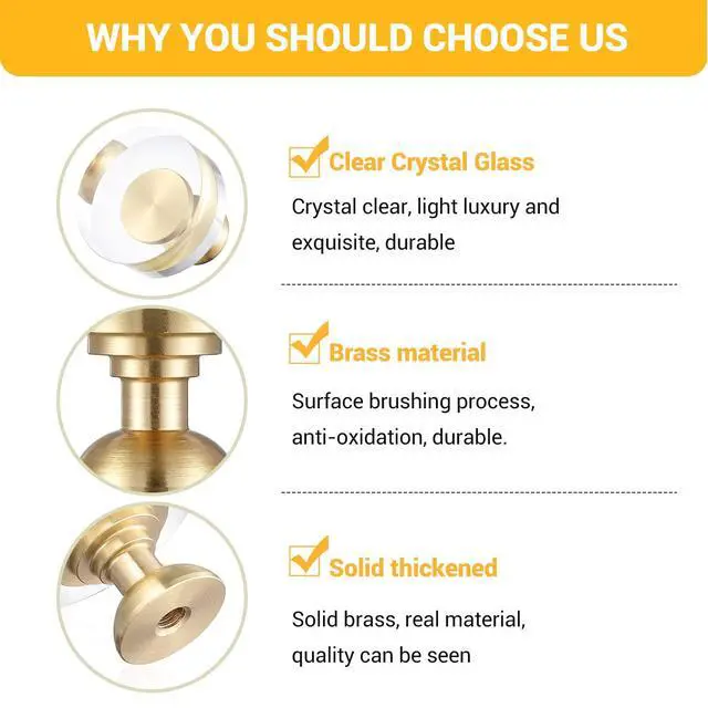 Alt view image 3 of 7 - 12-Pack 1-1/4-Inch White Cabinet Glass Crystal Brass knobs Brass Drawer Round Knobs Dresser Pulls, Gold Hardware Kitchen Closet knobs for Bifold Doors