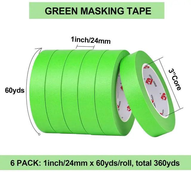 Alt view image 2 of 7 - Painters Tape - Painting Tape for Car Paint Green - 1 inch x 60 Yards Paint Tape for Walls Painting, Automotive, Labeling, DIY Crafting, Decoration and School Projects, 6 Pack