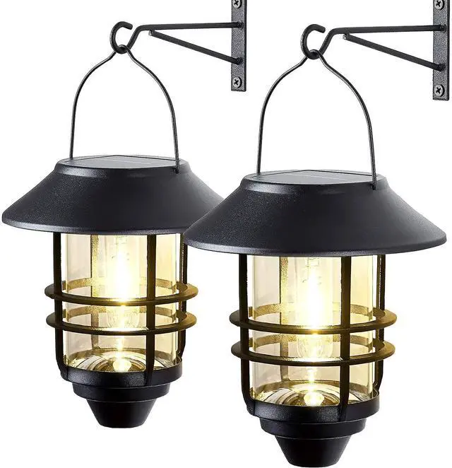 Main image of 2 Pack Solar Lanterns Outdoor, Hanging Solar Lights for Outside Glass Metal with Wall Mount Bracket,Waterproof Auto Dusk to Dawn Garden Lantern for Fence Porch Decor- Warm White