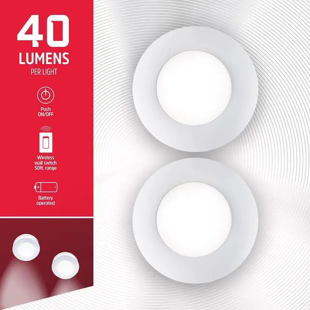 Alt view image 2 of 6 - Battery Powered Puck Lights with Remote Wall Switch, 2 Pack | Under Cabinet Lights for Kitchen, Closet, and Pantry, AA Battery Operated, Wireless Installation