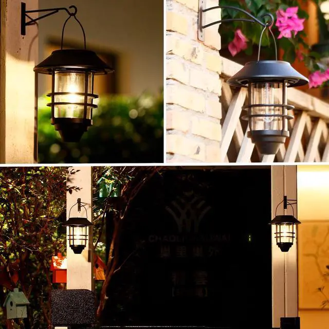 Alt view image 2 of 6 - 2 Pack Solar Lanterns Outdoor, Hanging Solar Lights for Outside Glass Metal with Wall Mount Bracket,Waterproof Auto Dusk to Dawn Garden Lantern for Fence Porch Decor- Warm White