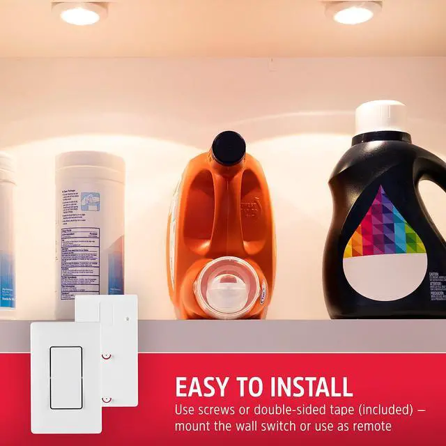 Alt view image 4 of 6 - Battery Powered Puck Lights with Remote Wall Switch, 2 Pack | Under Cabinet Lights for Kitchen, Closet, and Pantry, AA Battery Operated, Wireless Installation