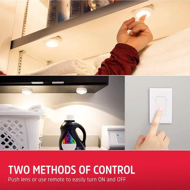 Alt view image 3 of 6 - Battery Powered Puck Lights with Remote Wall Switch, 2 Pack | Under Cabinet Lights for Kitchen, Closet, and Pantry, AA Battery Operated, Wireless Installation