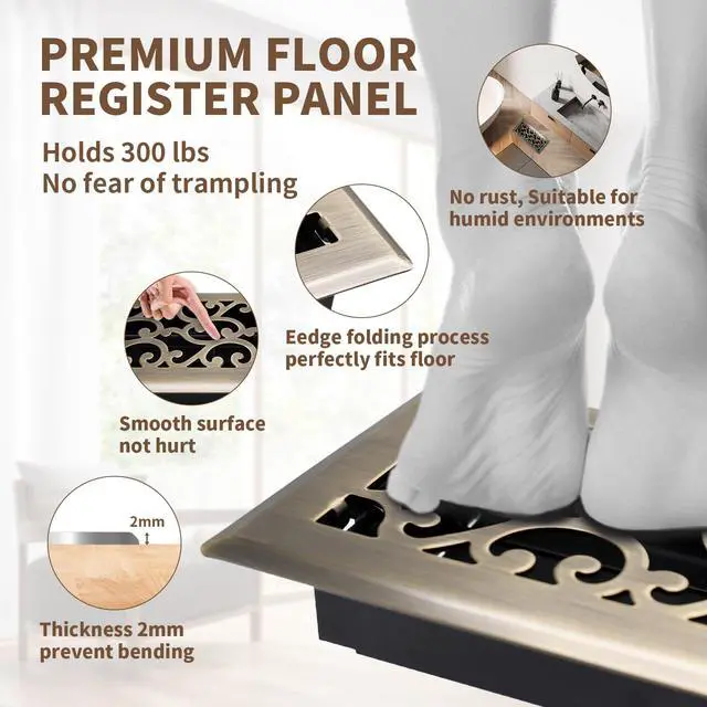 Alt view image 2 of 7 - 4x10 Inches Air Floor Vents Register Ease Adjust Air Flow Savannah Design-Heavy Duty Walkable Steel Decorative Floor Vent for Room - Antique Brass Floor Vent Covers - 2 Pack