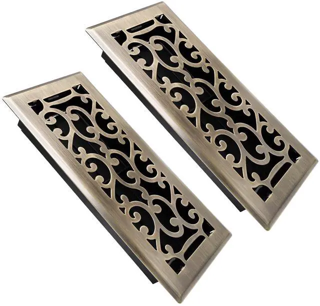 Main image of 4x10 Inches Air Floor Vents Register Ease Adjust Air Flow Savannah Design-Heavy Duty Walkable Steel Decorative Floor Vent for Room - Antique Brass Floor Vent Covers - 2 Pack