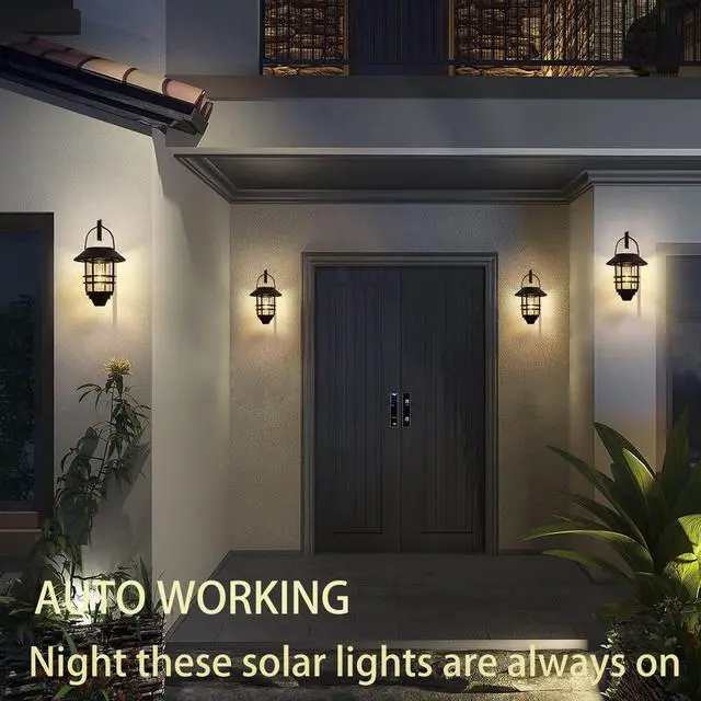 Alt view image 5 of 6 - 2 Pack Solar Lanterns Outdoor, Hanging Solar Lights for Outside Glass Metal with Wall Mount Bracket,Waterproof Auto Dusk to Dawn Garden Lantern for Fence Porch Decor- Warm White