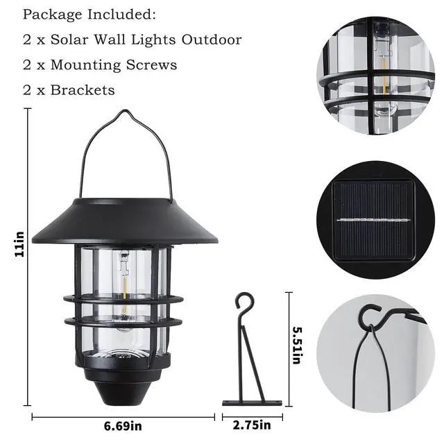 Alt view image 6 of 6 - 2 Pack Solar Lanterns Outdoor, Hanging Solar Lights for Outside Glass Metal with Wall Mount Bracket,Waterproof Auto Dusk to Dawn Garden Lantern for Fence Porch Decor- Warm White