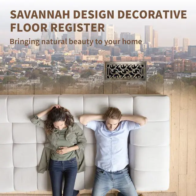 Alt view image 5 of 7 - 4x10 Inches Air Floor Vents Register Ease Adjust Air Flow Savannah Design-Heavy Duty Walkable Steel Decorative Floor Vent for Room - Antique Brass Floor Vent Covers - 2 Pack