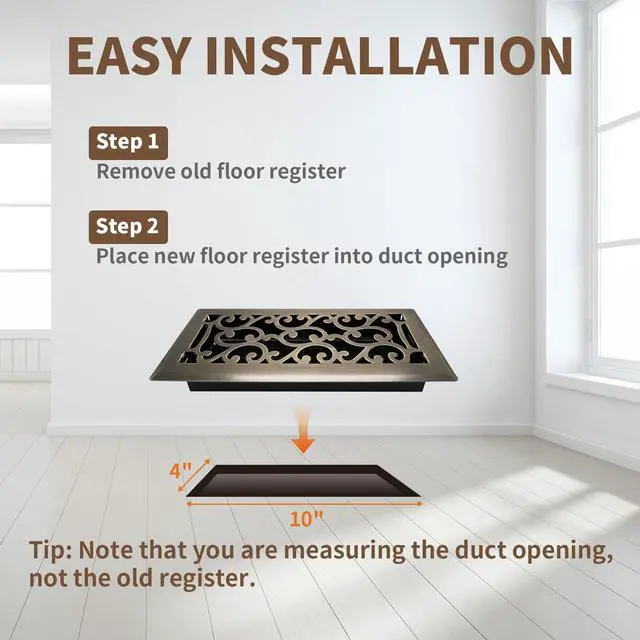 Alt view image 6 of 7 - 4x10 Inches Air Floor Vents Register Ease Adjust Air Flow Savannah Design-Heavy Duty Walkable Steel Decorative Floor Vent for Room - Antique Brass Floor Vent Covers - 2 Pack