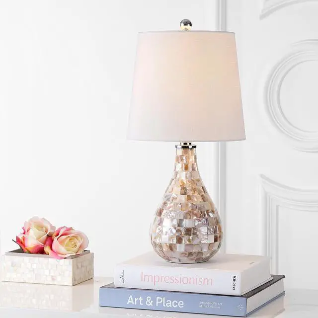 Alt view image 2 of 7 - Mona Coastal Mini LED Table Lamp 20.5" Bedside, Seashell | White Linen Drum Shade, Mother Of Pearl Resin Body, On-Off Rotary Switch, LED Bulb Included
