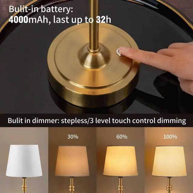 Alt view image 3 of 6 - Small Cordless Lamp Dimmable-Battery Operated Table lamp, 4000mAh Rechargeable, Touch Bedside Lamp with White Fabric Shade, 2700K Bulb Included, for Dining, Patio, Bathroom(Gold)