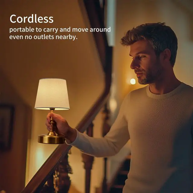 Alt view image 2 of 6 - Small Cordless Lamp Dimmable-Battery Operated Table lamp, 4000mAh Rechargeable, Touch Bedside Lamp with White Fabric Shade, 2700K Bulb Included, for Dining, Patio, Bathroom(Gold)