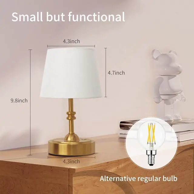 Alt view image 6 of 6 - Small Cordless Lamp Dimmable-Battery Operated Table lamp, 4000mAh Rechargeable, Touch Bedside Lamp with White Fabric Shade, 2700K Bulb Included, for Dining, Patio, Bathroom(Gold)