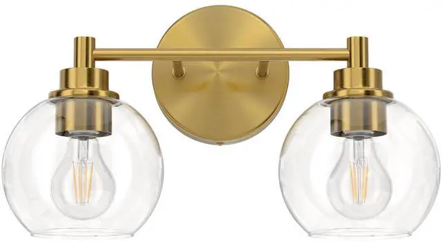Main image of 2 Light Bathroom Vanity Light Fixtures, Gold Finish | Globe Glass Shades, E26 Sockets, Easy to install, Vanity Lights for Bedroom Hallway Living Room